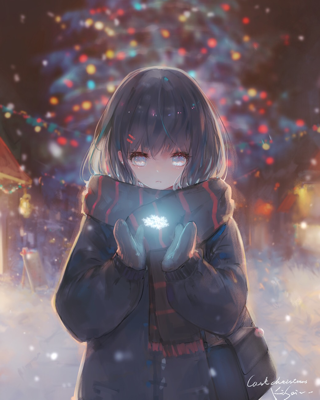 1girl bangs black_hair black_jacket black_scarf blurry blurry_background christmas christmas_ornaments christmas_tree commentary_request depth_of_field eyebrows_visible_through_hair fringe_trim grey_eyes grey_mittens hair_between_eyes hair_ornament hairclip hands_up highres jacket kisei2 long_sleeves looking_away looking_down mittens night original outdoors parted_lips puffy_long_sleeves puffy_sleeves scarf signature sleeves_past_wrists snow snowflakes snowing solo standing striped striped_scarf vertical-striped_scarf vertical_stripes