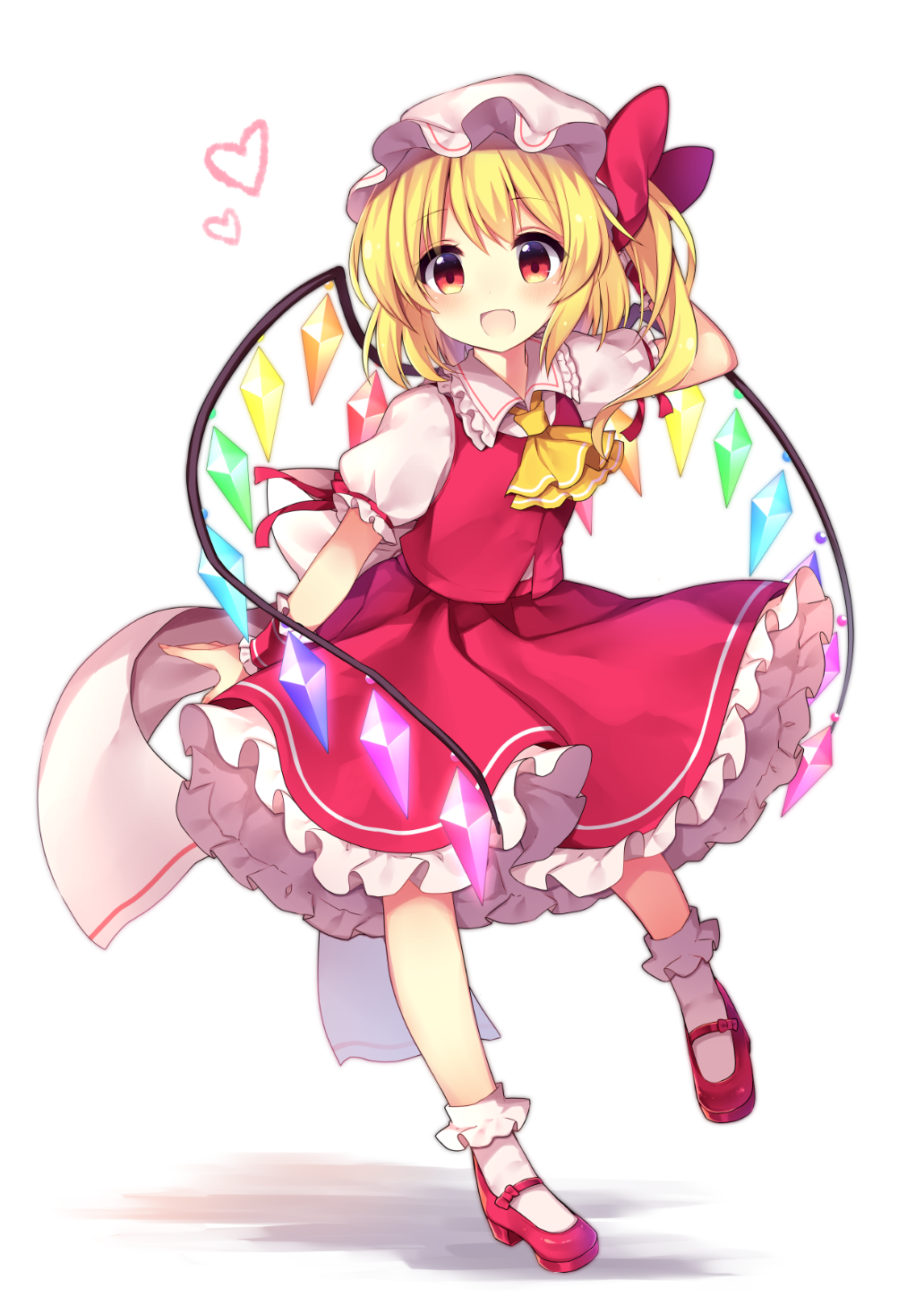 1girl arm_up ascot bangs blonde_hair blush bobby_socks bow commentary_request crystal eyebrows_visible_through_hair flandre_scarlet frilled_shirt_collar frills hand_behind_head hat hat_bow heart highres long_hair mary_janes mob_cap one_side_up petticoat puffy_short_sleeves puffy_sleeves red_bow red_eyes red_footwear red_skirt red_vest ruhika shadow shirt shoes short_sleeves simple_background skirt skirt_set socks solo touhou vest white_background white_hat white_legwear white_shirt wings wrist_cuffs yellow_neckwear