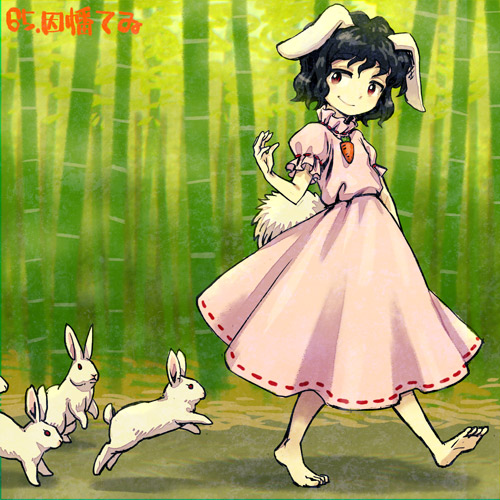 1girl animal_ears arm_at_side arm_up bamboo bamboo_forest barefoot black_hair brown_eyes bunny_tail carrot carrot_necklace closed_mouth dress floppy_ears forest full_body inaba_tewi jewelry lowres meimaru_inuchiyo nature outdoors pendant pink_dress puffy_short_sleeves puffy_sleeves rabbit rabbit_ears red_ribbon ribbon ribbon-trimmed_dress short_hair short_sleeves smile solo standing sunlight tail touhou walking