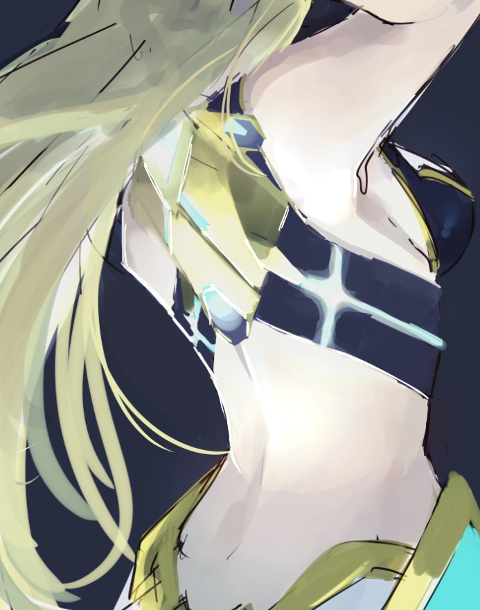 1girl back blonde_hair breasts large_breasts long_hair mythra_(xenoblade) nintendo pose simple_background skeptycally sketch xenoblade_(series) xenoblade_2