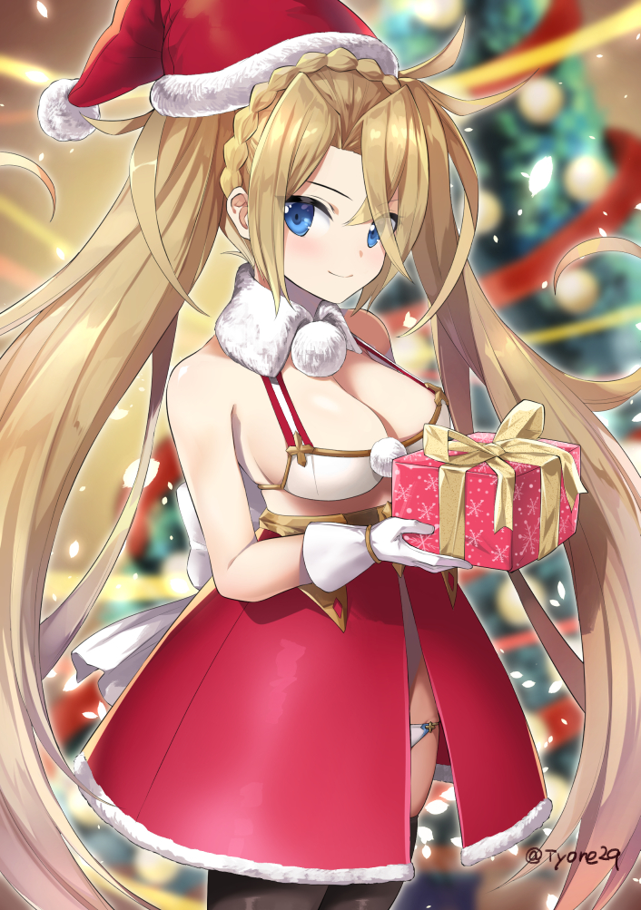 1girl bangs bare_shoulders blonde_hair blue_eyes blurry blurry_background blush box bradamante_(fate/grand_order) braid breasts brown_legwear christmas christmas_ornaments christmas_tree cleavage closed_mouth commentary_request crown_braid depth_of_field detached_collar eyebrows_visible_through_hair fate/grand_order fate_(series) fur-trimmed_hat fur-trimmed_skirt gift gift_box gloves hair_between_eyes hat holding holding_gift looking_at_viewer medium_breasts panties red_hat red_skirt santa_hat skirt smile solo thigh-highs twintails twitter_username tyone underwear white_collar white_gloves white_panties