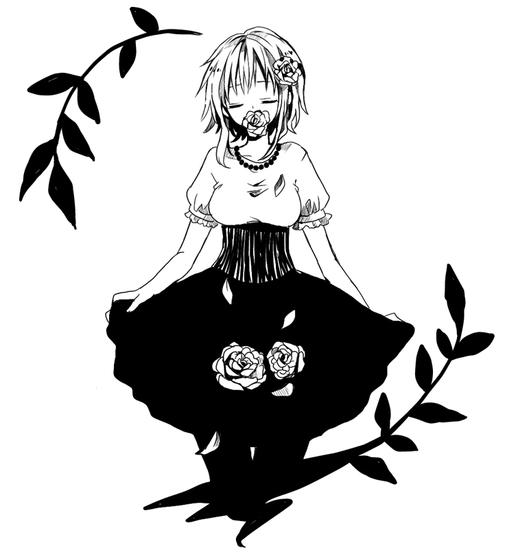 1girl anzu_(o6v6o) bangs breasts closed_eyes facing_viewer flower flower_in_mouth greyscale gumi hair_flower hair_ornament high-waist_skirt jewelry medium_breasts monochrome mouth_hold necklace pantyhose petals short_hair_with_long_locks short_sleeves skirt skirt_basket skirt_hold solo underbust vocaloid