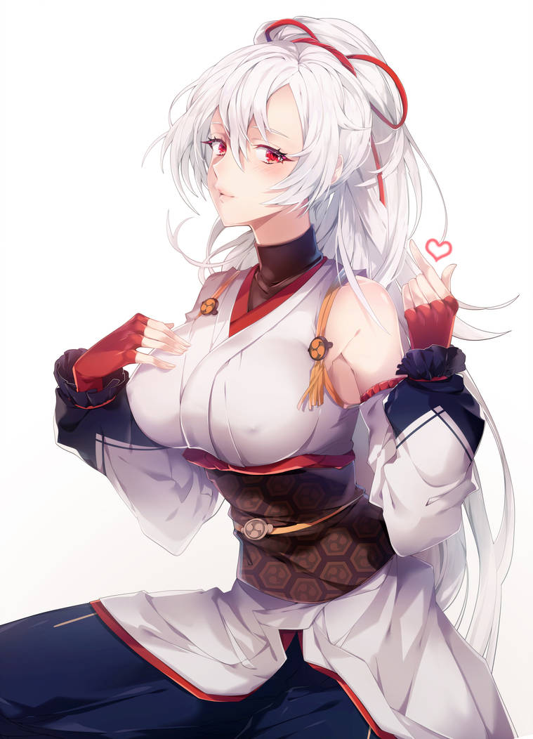 1girl armor bangs bare_shoulders blue_hakama blush bow breasts commentary_request covered_nipples detached_sleeves erect_nipples fate/grand_order fate_(series) fingerless_gloves gloves hair_between_eyes hair_ribbon hakama hand_on_own_chest hand_up heart horns japanese_clothes kimono large_breasts long_hair looking_at_viewer misshao_00 obi oni_horns ponytail red_bow red_eyes red_gloves ribbon sash short_kimono side_slit sidelocks sitting sleeveless sleeveless_turtleneck smile solo tareme tomoe_gozen_(fate/grand_order) turtleneck very_long_hair white_hair white_kimono