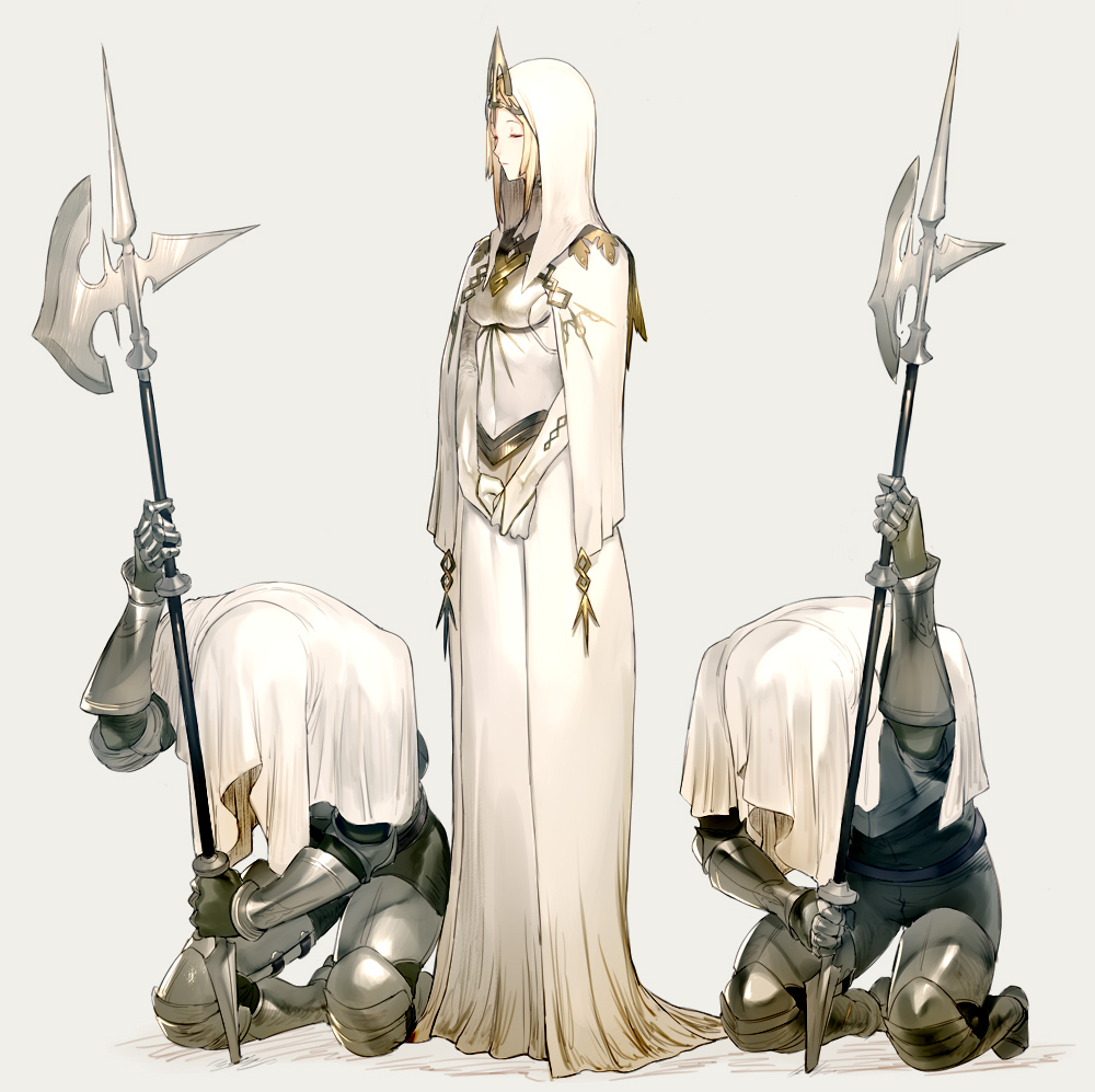 1girl armor blonde_hair boobplate breastplate bridal_gauntlets closed_eyes commentary_request crown dress gauntlets gloves grey_background halberd holding holding_sword holding_weapon keemu_(occhoko-cho) kneeling long_dress original planted_weapon polearm simple_background solo_focus standing sword veil weapon white_dress white_gloves