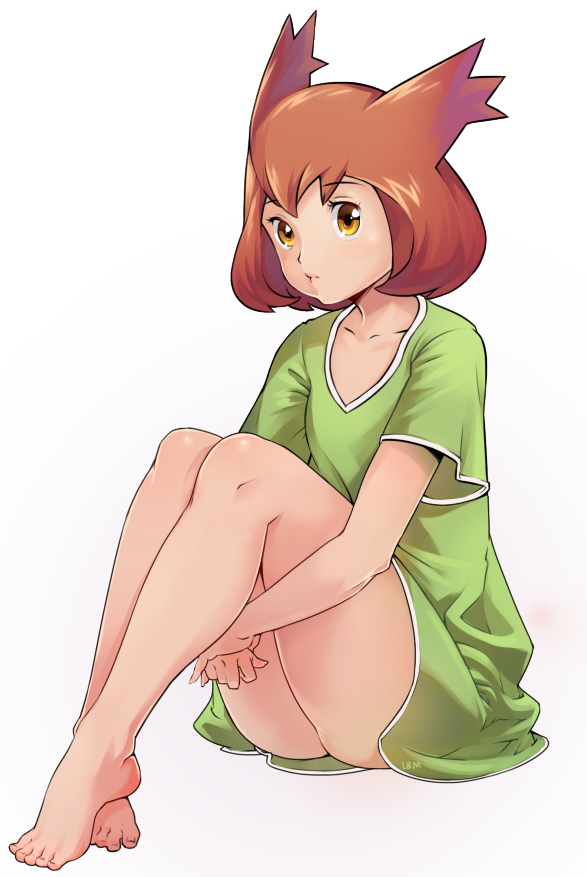 1girl artist_name barefoot brown_eyes brown_hair creatures_(company) full_body game_freak green_shirt kanon_(pokemon) knees_up leg_hug looking_at_viewer metalmorag nintendo pokemon pokemon_m05 shirt short_hair sitting solo spiky_hair white_background