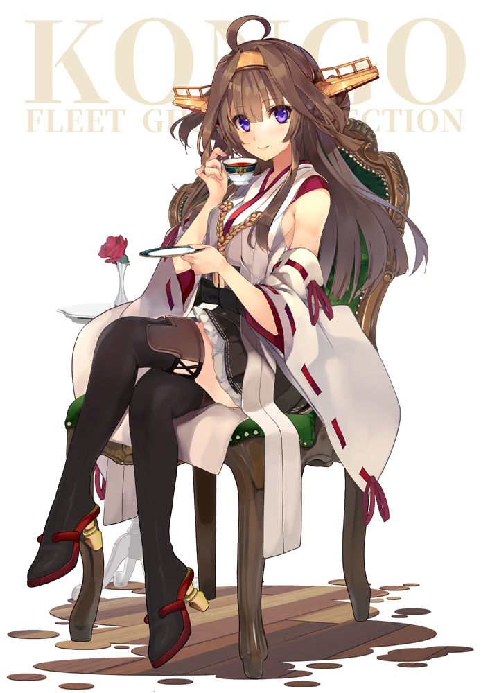 1girl ahoge aiguillette bangs bare_shoulders blush boots breasts brown_hair chair character_name cup detached_sleeves double_bun eyebrows_visible_through_hair full_body hairband headgear high_heel_boots high_heels holding holding_cup holding_saucer japanese_clothes kantai_collection kongou_(kantai_collection) large_breasts legs_crossed long_hair nontraditional_miko remodel_(kantai_collection) rudder_footwear shirokitsune sidelocks sitting skirt smile solo teacup thigh-highs thigh_boots violet_eyes wide_sleeves