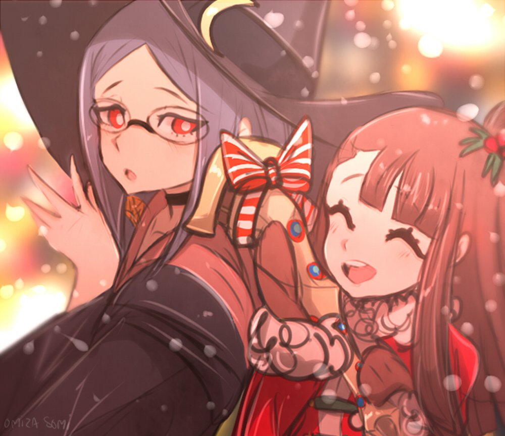 2girls artist_name blue_hair blurry blurry_background bow brown_hair choker christmas closed_eyes commentary crescent crescent_moon_pin decorations english_commentary eyebrows_visible_through_hair hair_ornament hat hat_ornament kagari_atsuko little_witch_academia long_hair mittens multiple_girls omiza_somi open_mouth red_eyes santa_costume signature smile snow snowflakes striped striped_bow upper_body ursula_charistes wand wide_sleeves witch witch_hat