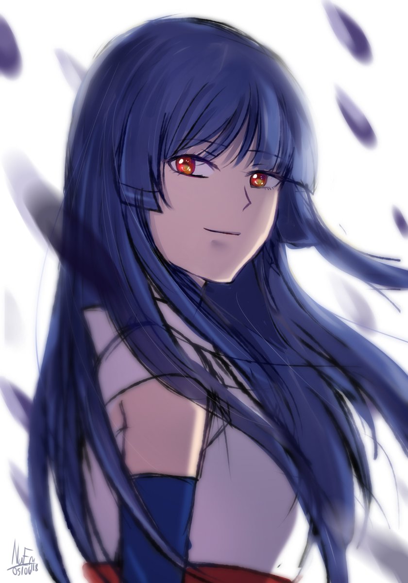 1girl blackhaiper blue_hair blue_sleeves detached_sleeves eyebrows_visible_through_hair floating_hair from_side gintama highres imai_nobume long_hair looking_at_viewer petals red_eyes signature sketch smile solo upper_body very_long_hair