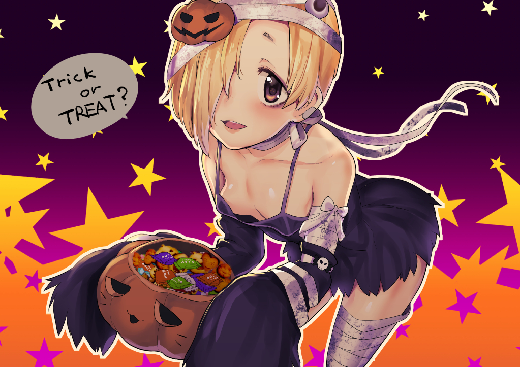 azuse_neko bandage bandaged_arm bandaged_leg bandages bangs blonde_hair bow breasts brown_eyes candy dress ear_piercing earrings food hair_over_one_eye halloween halloween_basket idolmaster idolmaster_cinderella_girls jewelry looking_at_viewer no_bra open_mouth piercing pumpkin shirasaka_koume short_hair sleeves_past_fingers sleeves_past_wrists smile thigh-highs trick_or_treat