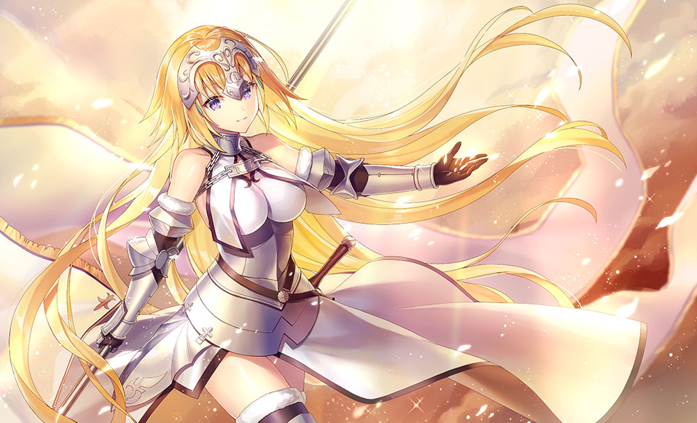 1girl armor armored_dress bangs bare_shoulders black_gloves blonde_hair breasts chains closed_mouth commentary_request dress elbow_gloves eyebrows_visible_through_hair fate/grand_order fate_(series) flag fur-trimmed_legwear fur_trim gloves head_tilt headpiece holding holding_flag jeanne_d'arc_(fate) jeanne_d'arc_(fate)_(all) kagachi_saku long_hair medium_breasts outstretched_arm parted_lips smile solo thigh-highs very_long_hair violet_eyes white_dress white_flag