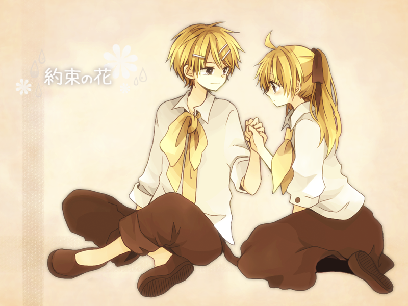 1boy 1girl ahoge anzu_(o6v6o) bangs black_legwear black_ribbon blush brother_and_sister brown_footwear brown_skirt commentary_request genderswap genderswap_(ftm) genderswap_(mtf) hair_ornament hair_ribbon hairpin hand_holding incest kagamine_lenka kagamine_rinto legs_crossed long_hair looking_at_another neckerchief ponytail ribbon shirt shoes siblings skirt song_name twincest twins vocaloid white_shirt yellow_neckwear