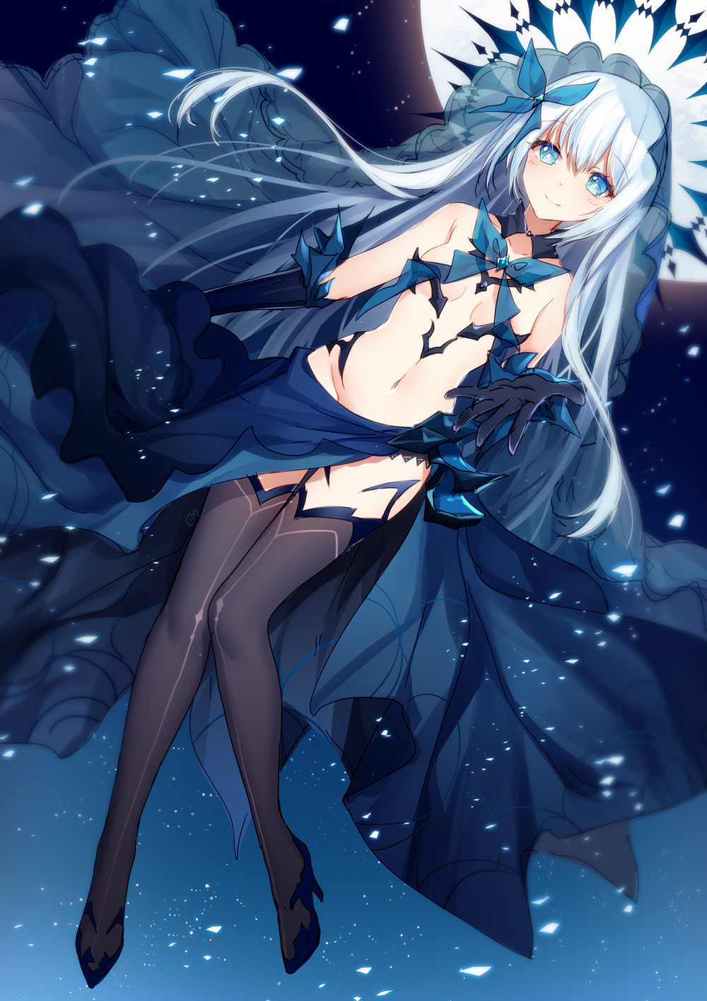 1girl bangs bison_cangshu black_gloves blue_eyes blue_footwear blush breasts brown_legwear closed_mouth collarbone date_a_live dutch_angle elbow_gloves eyebrows_visible_through_hair full_moon gloves glowing groin hair_between_eyes high_heels highres long_hair moon navel night night_sky outdoors revealing_clothes see-through shoes silver_hair sky small_breasts smile solo thigh-highs tobiichi_origami veil very_long_hair