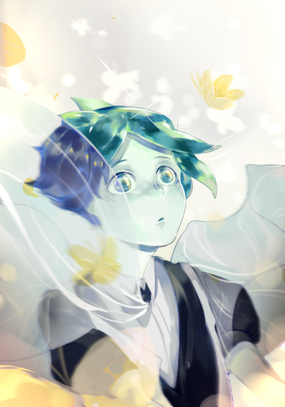 1other androgynous artist_request blue_eyes blue_hair bug butterfly crystal_hair gem_uniform_(houseki_no_kuni) green_eyes green_hair highres houseki_no_kuni insect phosphophyllite phosphophyllite_(ll) see-through_sleeves short_hair solo spoilers transformation upper_body wide-eyed