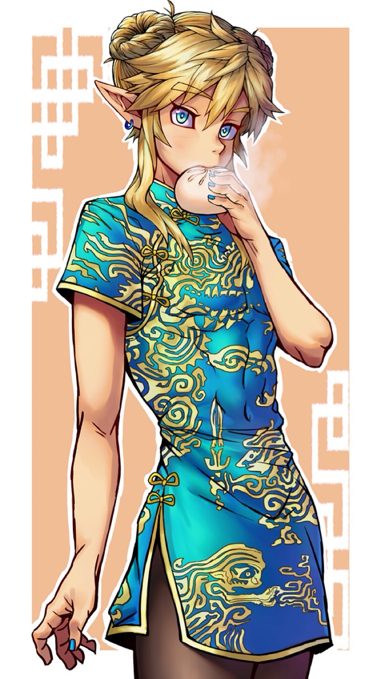 1boy blonde_hair blush china_dress chinese_clothes crossdressinging dannrei3636 dress ear eyebrows eyebrows_visible_through_hair highres link looking_at_viewer male_focus nintendo otoko_no_ko pantyhose pointy_ears solo the_legend_of_zelda the_legend_of_zelda:_breath_of_the_wild
