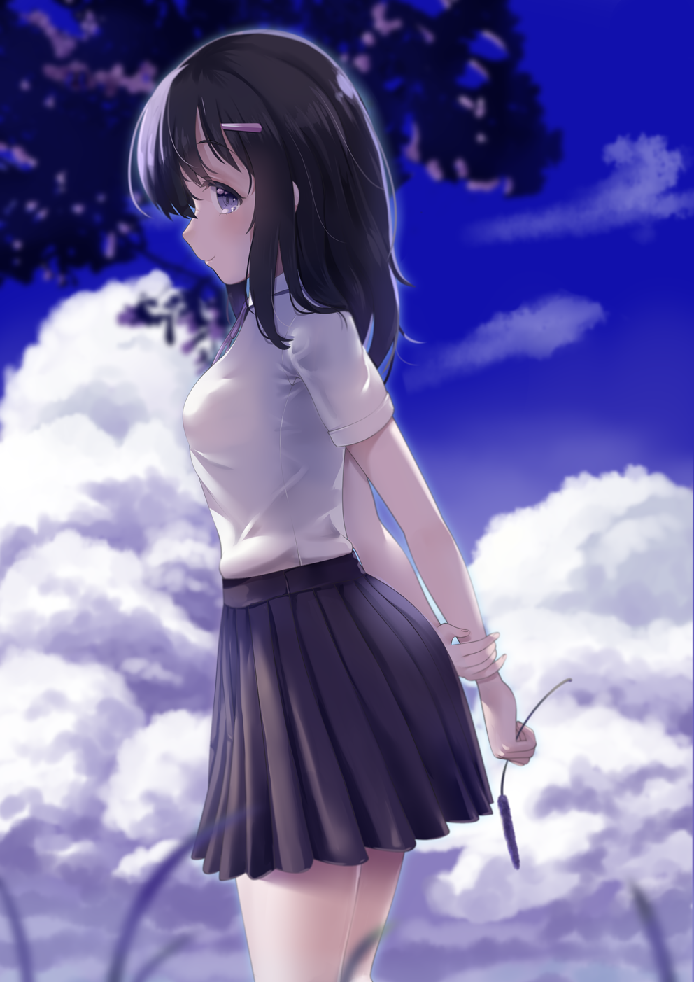 1girl bangs black_hair black_skirt blue_sky blurry blurry_background blurry_foreground blush breasts closed_mouth clouds cloudy_sky day depth_of_field eyebrows_visible_through_hair hair_between_eyes hair_ornament hairclip highres holding long_hair original outdoors pleated_skirt profile school_uniform shirt short_sleeves skirt sky small_breasts smile solo standing summer too-ye violet_eyes white_shirt