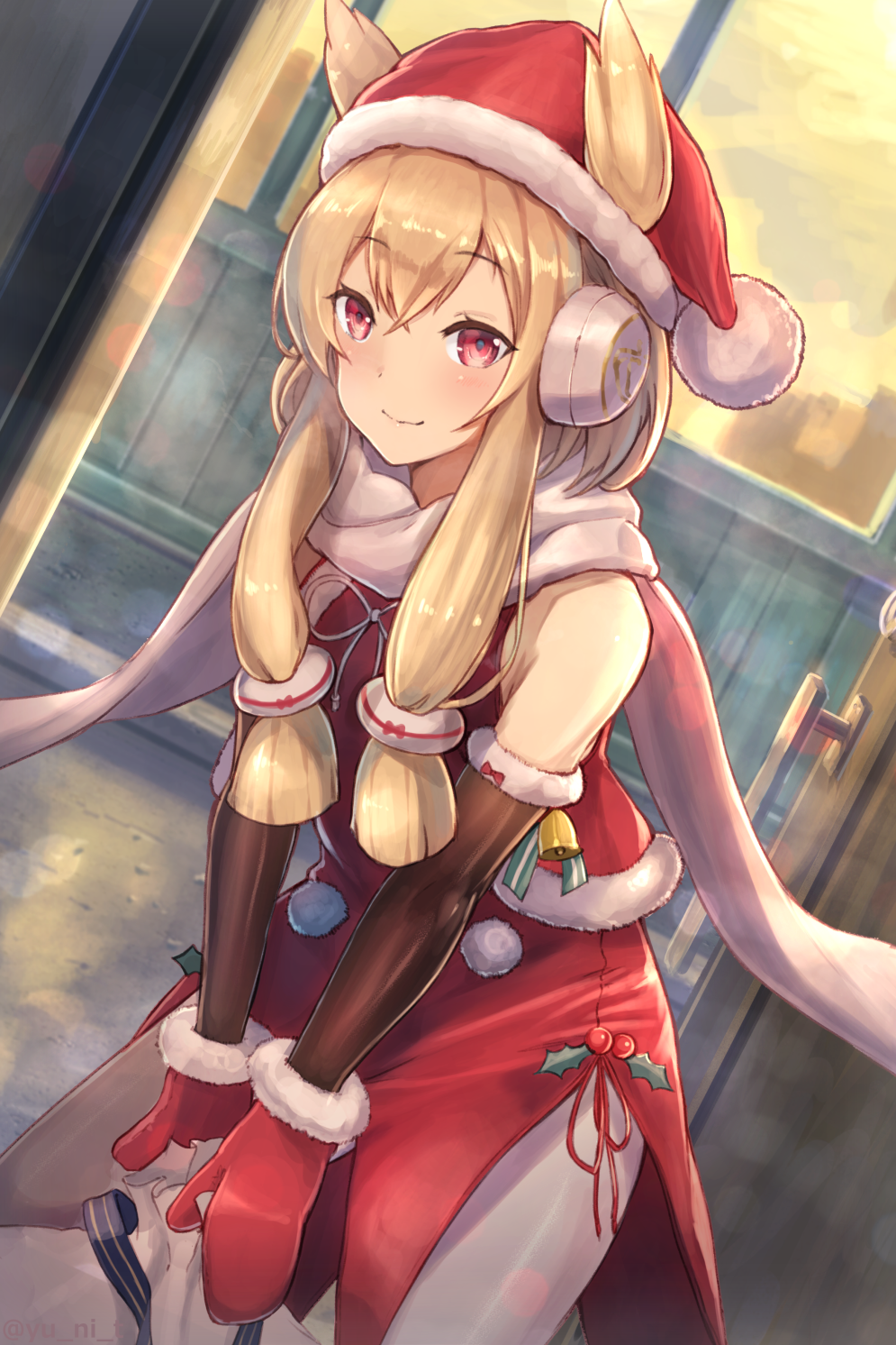 1girl animal_ears arm_warmers armpit_crease azur_lane backlighting bangs bare_shoulders bell blonde_hair blue_ribbon blush closed_mouth commentary_request day door dress dutch_angle earmuffs ears_through_headwear fur_trim hair_between_eyes hat highres holding holding_sack indoors legs_apart long_hair looking_at_viewer mittens pantyhose pelvic_curtain red_dress red_eyes red_hat ribbon sack santa_hat scarf side_slit sidelocks sleeveless sleeveless_dress smile solo standing striped striped_ribbon twitter_username v_arms warspite_(azur_lane) white_legwear white_scarf yu_ni_t