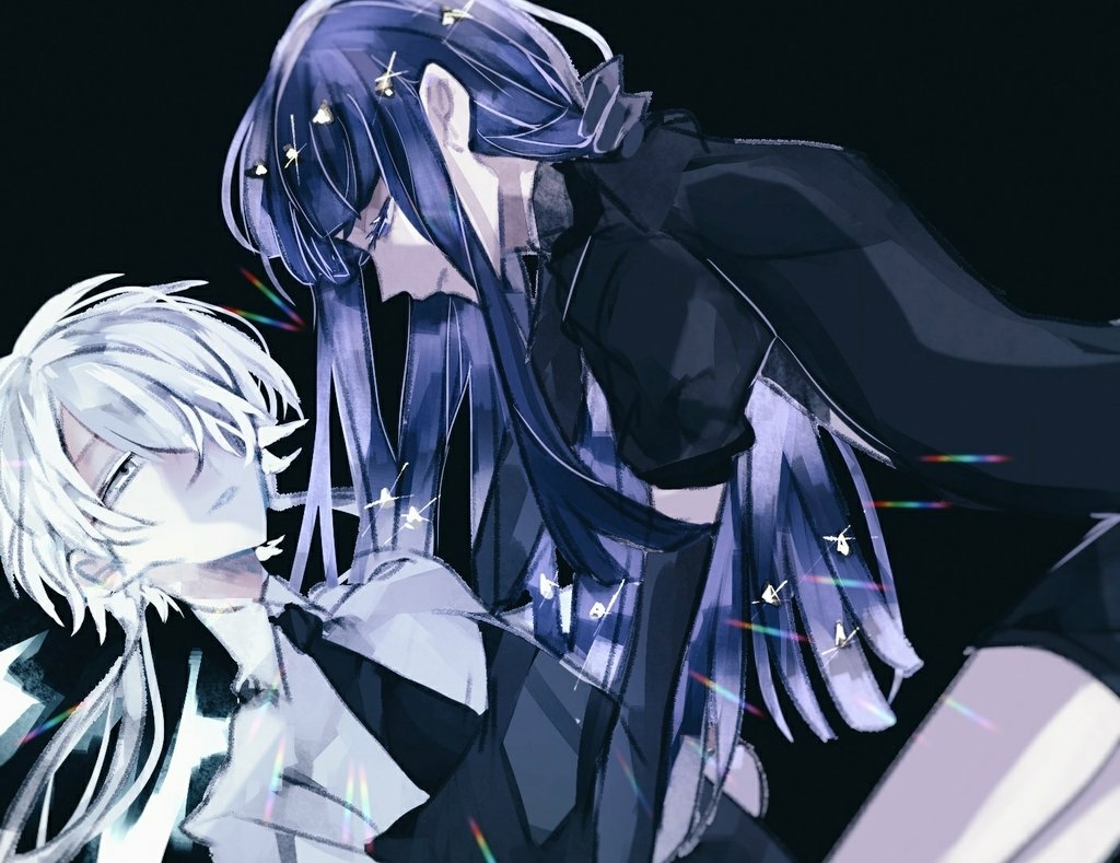 2others androgynous bangs black_background blue_eyes blue_hair blunt_bangs colored_eyelashes elbow_gloves gem_uniform_(houseki_no_kuni) ghost_quartz_(houseki_no_kuni) gloves hair_over_one_eye houseki_no_kuni lapis_lazuli_(houseki_no_kuni) long_hair looking_at_another lying multiple_others necktie on_back saku_(saku5991) short_hair_with_long_locks silver_hair white_eyes white_hair