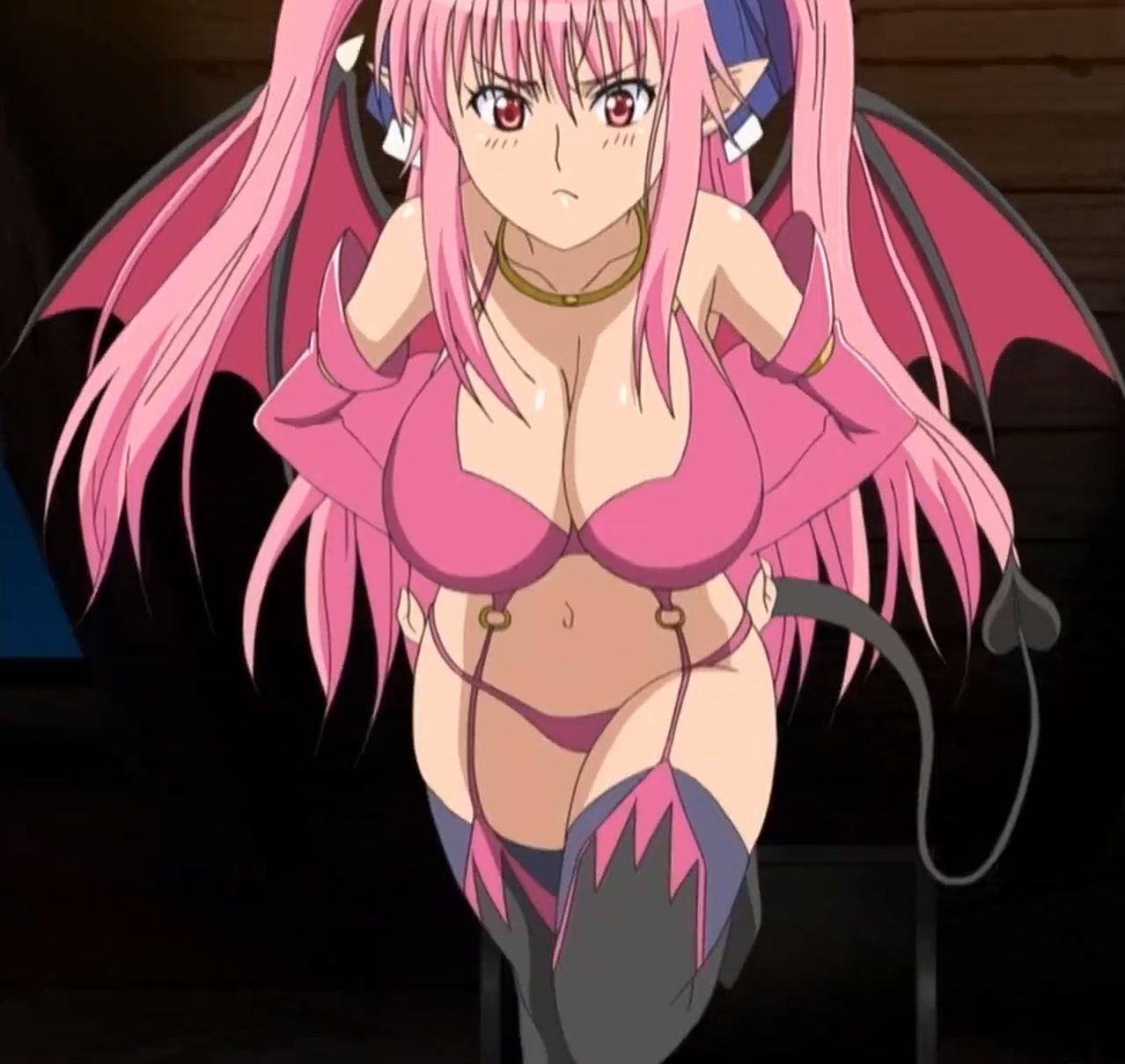 1girl boots demon_girl demon_wings highres iijuin_serena pink_hair red_eyes screencap stitched thigh-highs thigh_boots third-party_edit twintails vampire_(hentai_ova) vampire_(ova) wings