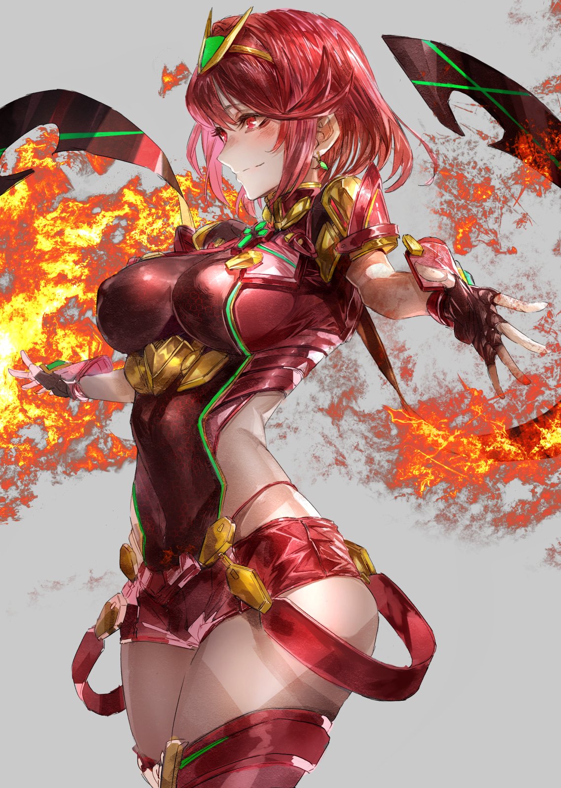 1girl bangs blush breasts closed_mouth covered_navel earrings erect_nipples fingerless_gloves fire from_side gloves grey_background hair_between_eyes headpiece highres pyra_(xenoblade) jewelry large_breasts nintendo outstretched_arms red_eyes red_shorts redhead short_hair shorts shoulder_armor signo_aaa smile swept_bangs thigh-highs thighs tiara xenoblade_(series) xenoblade_2