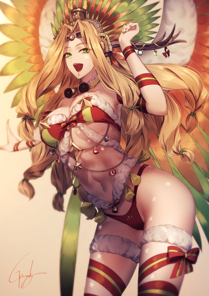 1girl :d blonde_hair cowboy_shot fate/grand_order fate_(series) feathers fur-trimmed_bikini_top green_eyes headdress kyouya_(mukuro238) long_hair looking_at_viewer low-tied_long_hair navel open_mouth quetzalcoatl_(fate/grand_order) quetzalcoatl_(samba_santa)_(fate) red_bikini_bottom ribbon signature smile solo star thigh_strap