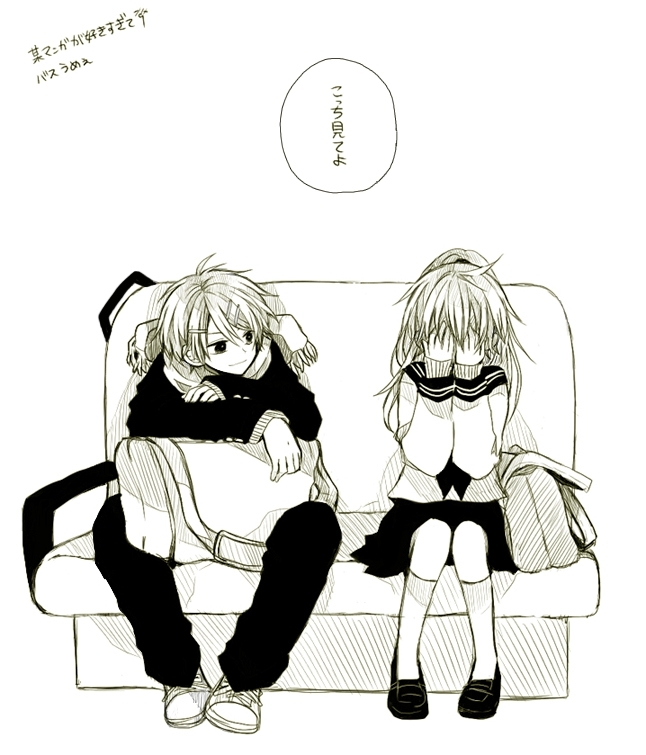 &gt;:) 1boy 1girl anzu_(o6v6o) bag bangs brother_and_sister couch covering_face duffel_bag genderswap genderswap_(ftm) genderswap_(mtf) greyscale hair_ornament hairpin kagamine_lenka kagamine_rinto kneehighs long_sleeves looking_at_another monochrome neckerchief pants ponytail scarf school_bag school_uniform serafuku shoes siblings simple_background sitting skirt translation_request twins vocaloid white_background