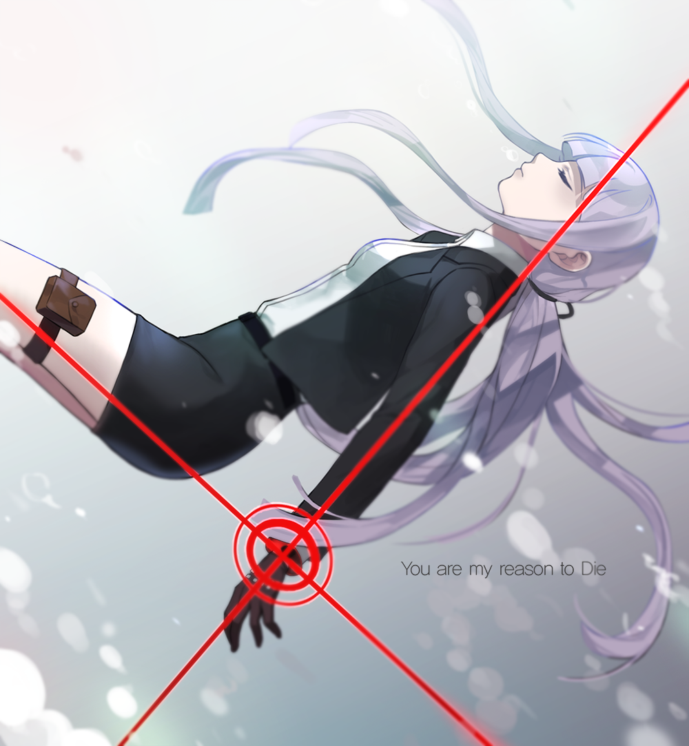 1girl bangs black_gloves black_jacket black_ribbon black_skirt blunt_bangs closed_eyes dangan_ronpa dangan_ronpa_3 dress_shirt floating_hair from_side gloves grey_background hair_ribbon holster jacket kirigiri_kyouko kkkok_a long_hair miniskirt open_clothes open_jacket pencil_skirt ribbon shirt silver_hair simple_background skirt solo thigh_holster very_long_hair white_shirt