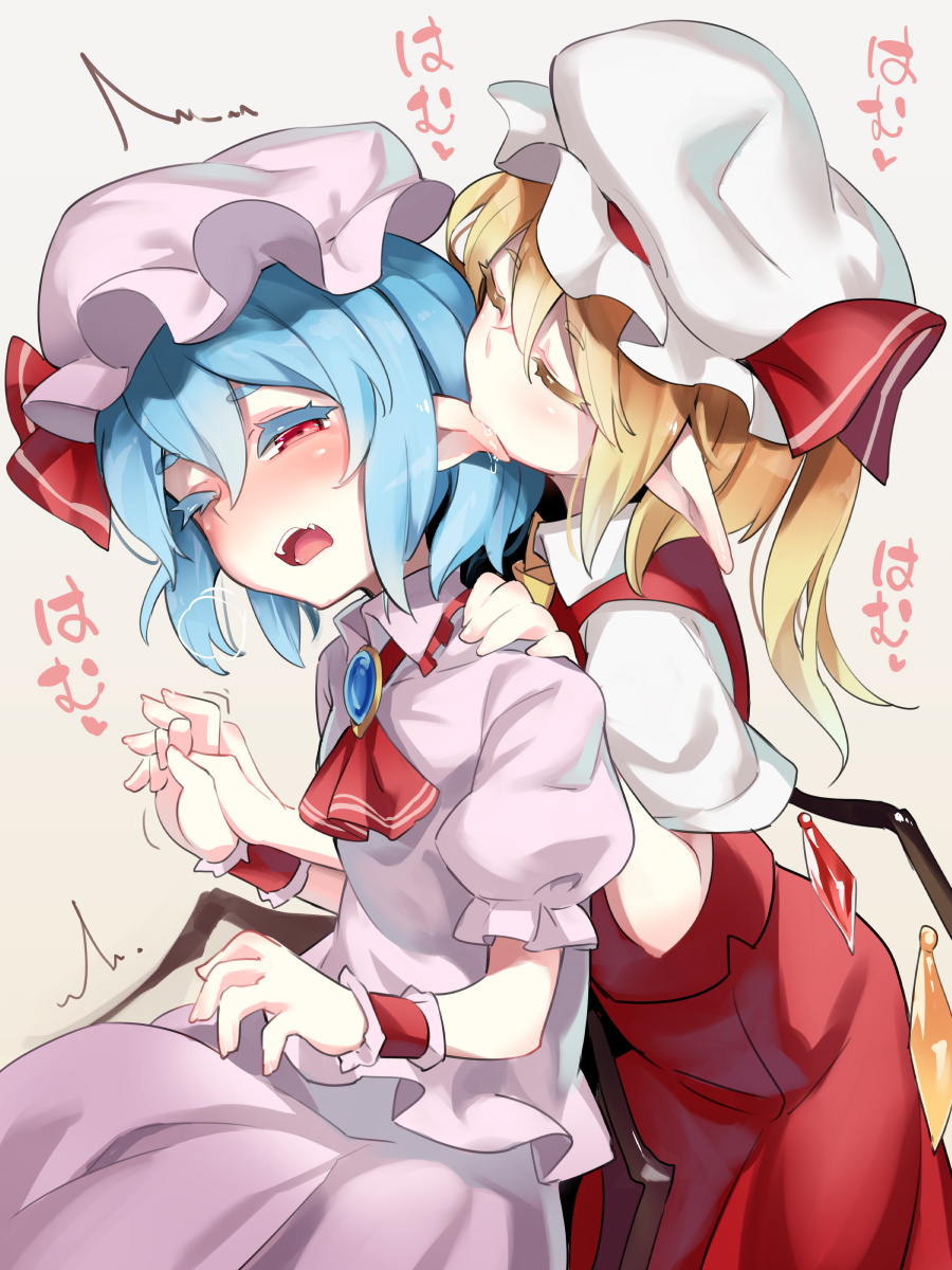 2girls ascot asutora bat_wings biting black_wings blonde_hair blue_hair blush brooch collared_shirt colored_eyelashes commentary_request crystal ear_biting fangs flandre_scarlet hand_holding hand_on_another's_shoulder hat hat_ribbon highres jewelry licking long_hair mob_cap multiple_girls one_eye_closed open_mouth pink_hat pink_shirt pink_skirt pointy_ears puffy_short_sleeves puffy_sleeves red_eyes red_neckwear red_ribbon red_skirt red_vest remilia_scarlet ribbon saliva shirt short_sleeves siblings sisters skirt skirt_set touhou vest white_shirt wing_collar wings wrist_cuffs