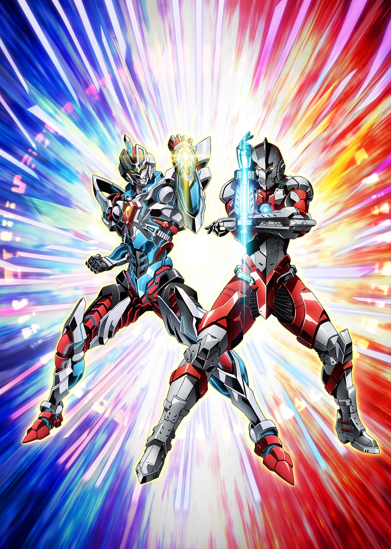 2boys armor clenched_hand commentary_request company_connection crossover glowing glowing_eyes gridman_(ssss) highres multiple_boys official_art orb pose shoulder_armor ssss.gridman ultra_series ultraman ultraman_(hero's_comics) ultraman_suit yellow_eyes