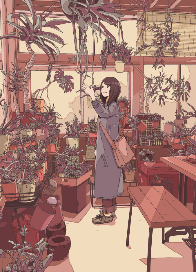 1girl 456 arm_up bag bamboo_screen bench black_eyes black_hair bucket clouds coat flat_color hanging_plant indoors long_hair muted_color original pants pants_rolled_up plant potted_plant satchel shoes sky sneakers solo table window winter_clothes winter_coat