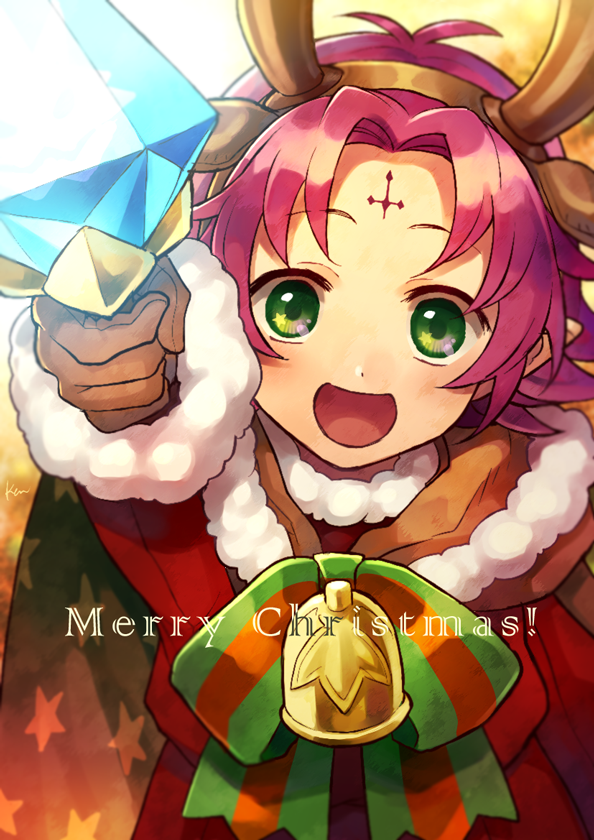 1girl akke antlers blush cape christmas dress fa facial_mark fire_emblem fire_emblem:_fuuin_no_tsurugi fire_emblem_heroes forehead_mark green_eyes horn looking_at_viewer mamkute nintendo open_mouth pointy_ears purple_hair reindeer_antlers short_hair simple_background smile