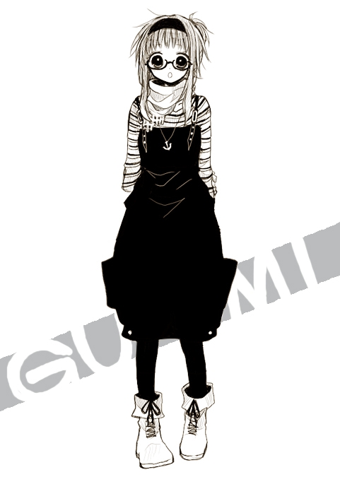 1girl :o anchor_necklace anzu_(o6v6o) arms_behind_back bangs boots character_name full_body glasses greyscale gumi looking_at_viewer monochrome one_side_up overall_skirt scarf shirt short_hair_with_long_locks solo standing striped striped_shirt vocaloid