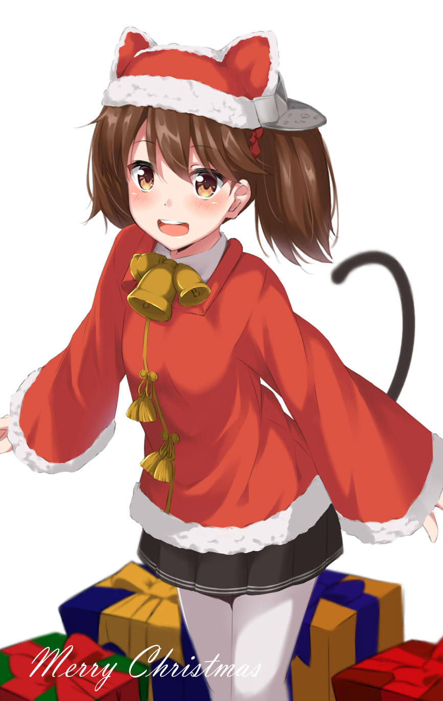 1girl :d alternate_costume animal_ears animal_hat black_skirt blush box brown_eyes brown_hair cat_ears cat_hat cat_tail christmas cursive eyebrows_visible_through_hair fake_tail gift gift_box gloves hair_between_eyes hat highres kantai_collection kohakope long_hair looking_at_viewer merry_christmas open_mouth pantyhose pleated_skirt ryuujou_(kantai_collection) santa_costume santa_hat simple_background skirt smile tail twintails white_background white_gloves white_legwear