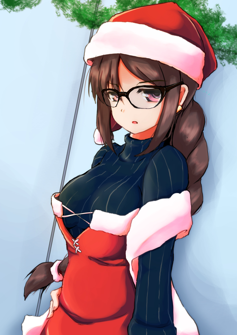 1girl :o adapted_costume black-framed_eyewear black_bodysuit bodysuit bodysuit_under_clothes breasts breasts_apart brown_hair commentary_request consort_yu_(fate) dress fate/grand_order fate_(series) fur-trimmed_dress fur-trimmed_hat glasses hat long_hair looking_at_viewer medium_breasts red_dress santa_dress santa_hat solo striped_bodysuit tetsuhige violet_eyes