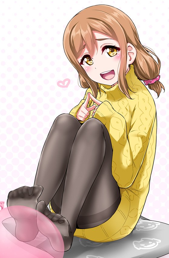 1girl :d balloon bangs black_legwear blush brown_hair commentary_request dress feet fingers_together hair_ornament hair_scrunchie halftone halftone_background heart knees_up kunikida_hanamaru long_sleeves love_live! love_live!_sunshine!! low_twintails nail_polish no_shoes open_mouth pantyhose pink_nails pink_scrunchie polka_dot polka_dot_scrunchie scrunchie sidelocks smile solo sweater sweater_dress thighband_pantyhose toes twintails yellow_sweater yopparai_oni