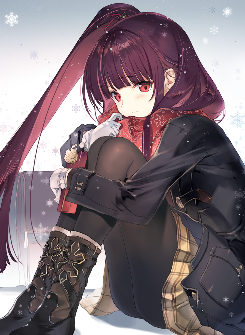 1girl bag bangs blush boots box closed_mouth coat commentary_request detached_sleeves eyebrows_visible_through_hair gift gift_box girls_frontline gloves gradient gradient_background holding knees_up long_hair looking_at_viewer nakamura_takeshi pantyhose ponytail purple_hair red_eyes scarf school_bag shiny shiny_hair simple_background skirt smile snowflakes solo wa2000_(girls_frontline) white_gloves winter_clothes winter_coat