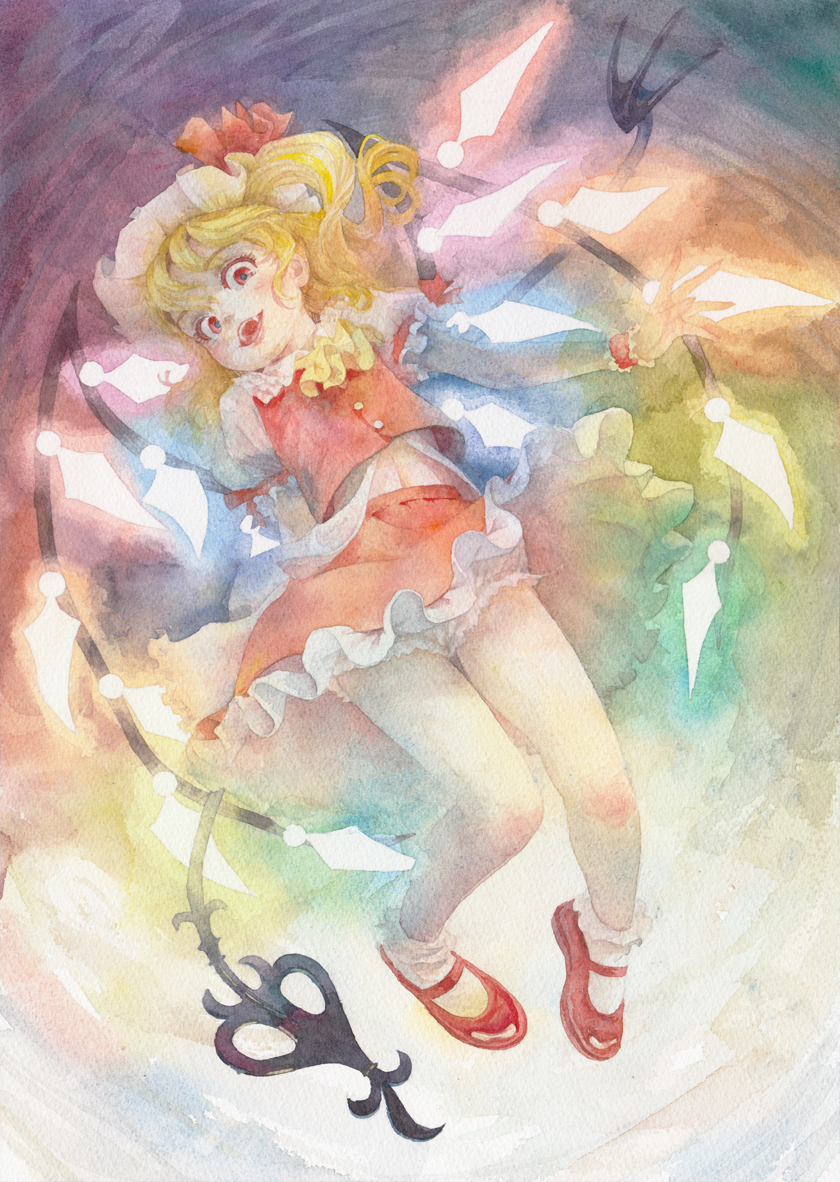 1girl arm_behind_back ascot blonde_hair bloomers blush bobby_socks colored_eyelashes commentary_request fangs flandre_scarlet frilled_shirt_collar frilled_sleeves frills full_body glowing glowing_wings hat hat_ribbon laevatein looking_at_viewer mary_janes medium_hair midriff_peek misawa_hiroshi mob_cap one_side_up open_mouth petticoat puffy_short_sleeves puffy_sleeves red_eyes red_footwear red_ribbon red_skirt red_vest ribbon shirt shoes short_sleeves skirt smile socks solo touhou traditional_media underwear upskirt vest watercolor_(medium) white_legwear white_shirt wide-eyed wings wrist_cuffs yellow_neckwear