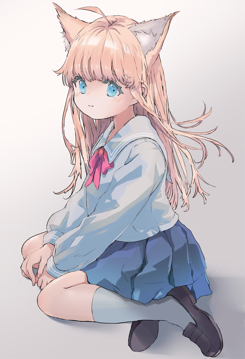 1girl ahoge animal_ear_fluff animal_ears bangs between_legs blonde_hair blue_eyes blue_skirt bow brown_background brown_footwear cat_ears eyebrows_behind_hair fingernails full_body grey_legwear grey_sailor_collar grey_shirt hand_between_legs highres kneehighs loafers long_hair looking_at_viewer original pink_bow pleated_skirt sailor_collar school_uniform serafuku sha2mo shirt shoes sitting skirt solo thick_eyebrows very_long_hair yokozuwari