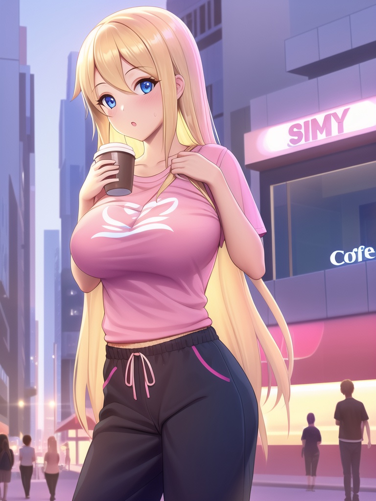 blonde_hair blue_eyes coffee holding_cup large_breasts long_hair looking_at_viewer original outdoors shmebulock36