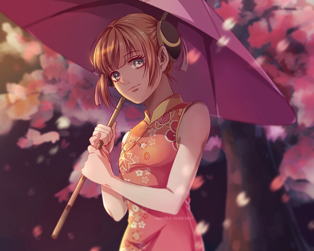 1girl artist_name blurry blurry_background brown_hair cherry_blossoms floral_print gintama grey_eyes hair_bun holding holding_umbrella kagura_(gintama) looking_at_viewer oriental_umbrella purple_umbrella short_hair sleeveless smile solo tanako_(645316096) umbrella upper_body