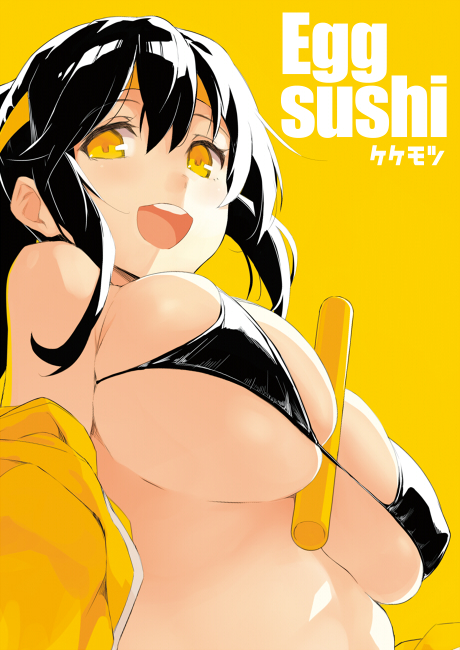 1girl :d between_breasts bikini black_bikini black_hair breasts commentary_request erect_nipples headband kekemotsu large_breasts looking_at_viewer off_shoulder open_mouth orange_eyes original round_teeth simple_background smile solo swimsuit teeth twintails upper_body yellow_background