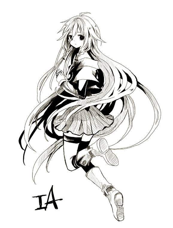 1girl ahoge anzu_(o6v6o) asymmetrical_legwear boots character_name full_body greyscale hair_between_eyes hands_together ia_(vocaloid) kneehighs leg_up long_hair long_sleeves looking_at_viewer monochrome pleated_skirt side_braids single_kneehigh single_thighhigh skirt solo thigh-highs thigh_strap very_long_hair vocaloid