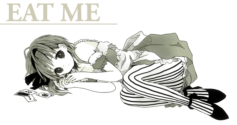1girl ankle_strap anzu_(o6v6o) apron bangs card crossed_ankles detached_sleeves dress eat_me_(vocaloid) frown greyscale gumi hair_ribbon hairband lying monochrome on_side pantyhose playing_card ribbon shoes short_hair_with_long_locks solo song_name striped striped_legwear vertical-striped_legwear vertical_stripes vocaloid