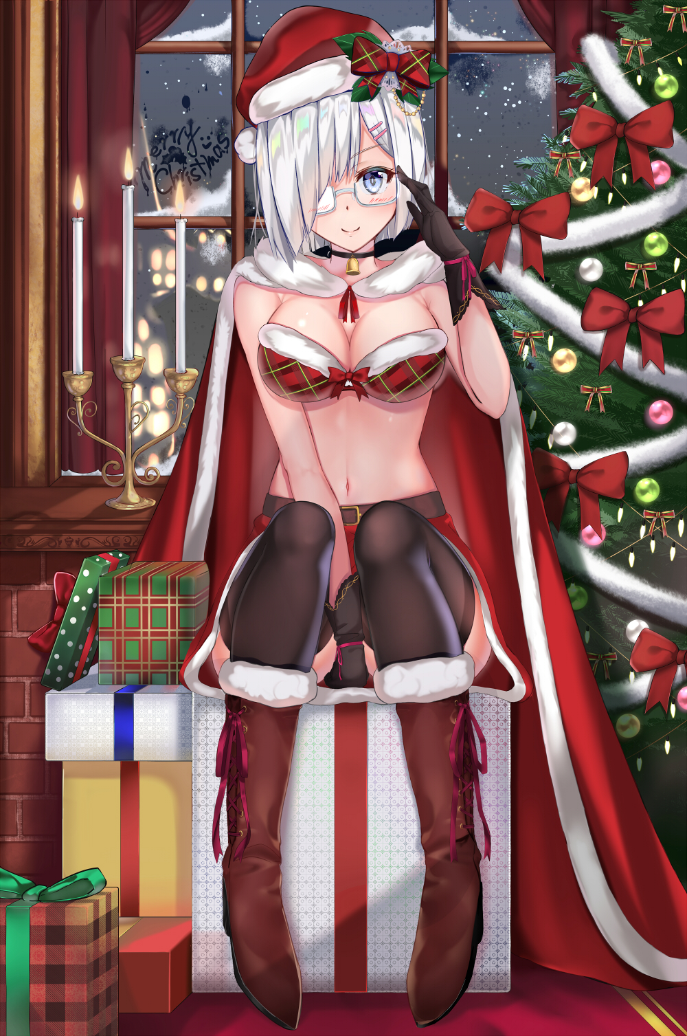 1girl bell belt between_legs black_choker black_gloves black_legwear blue_eyes blush boots bow breasts brown_legwear candle cape choker christmas_lights christmas_tree fire flame full_body gift gloves hair_ornament hair_over_one_eye hairclip hamakaze_(kantai_collection) hand_between_legs hand_up hat hat_bow highres indoors kantai_collection looking_at_viewer medium_breasts merry_christmas mukatsukulsp navel ornament pantyhose red_bow red_cape red_skirt santa_hat sitting skirt smile solo white_hair window