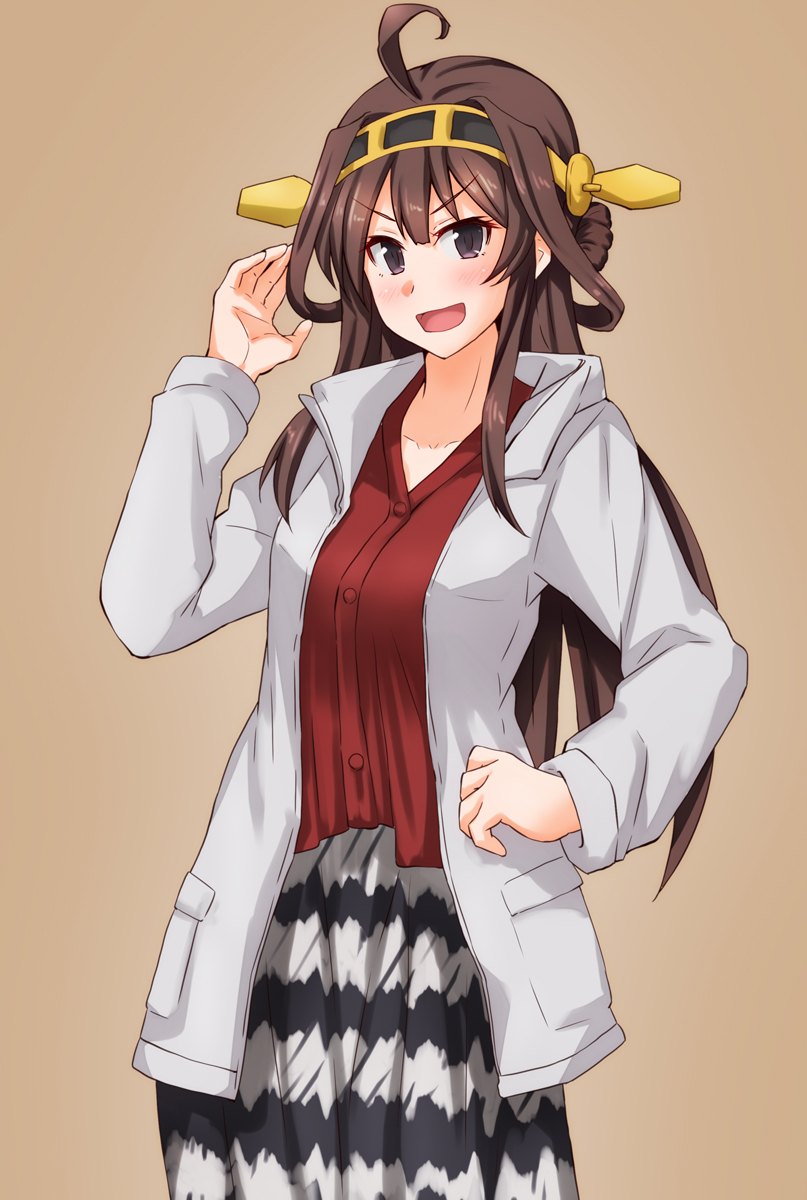 &gt;:d 1girl ahoge alternate_costume anti_(untea9) brown_background brown_hair double_bun hand_on_hip headgear highres jacket kantai_collection kongou_(kantai_collection) long_hair long_skirt red_shirt shirt simple_background skirt solo striped striped_skirt violet_eyes white_jacket