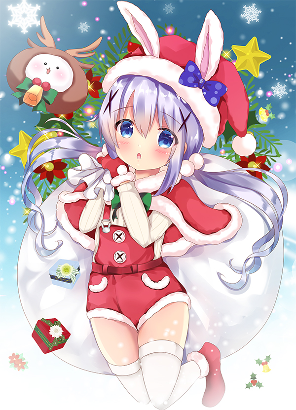 1girl angora_rabbit animal animal_costume animal_ears bangs blue_eyes blush box capelet christmas_wreath commentary_request eyebrows_visible_through_hair full_body fur-trimmed_boots fur-trimmed_capelet fur-trimmed_hat fur-trimmed_mittens fur_trim gift gift_box gochuumon_wa_usagi_desu_ka? hair_between_eyes hair_ornament hat holding holding_sack kafuu_chino long_sleeves looking_at_viewer mittens overall_shorts parted_lips pom_pom_(clothes) purple_hair rabbit rabbit_ears red_capelet red_footwear red_hat red_mittens reindeer_costume rikatan sack santa_costume santa_hat shirt snowflakes star thigh-highs tippy_(gochiusa) twintails white_legwear white_shirt x_hair_ornament
