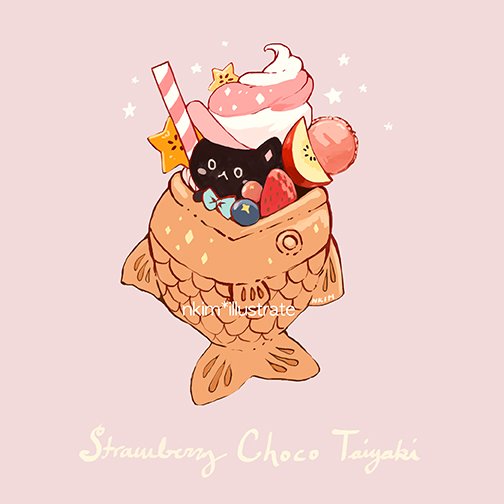 apple apple_slice aqua_neckwear artist_name black_cat blueberry blush bow bowtie cat drinking_straw english_text fish food fruit nadia_kim no_humans original pink_background simple_background starfruit strawberry