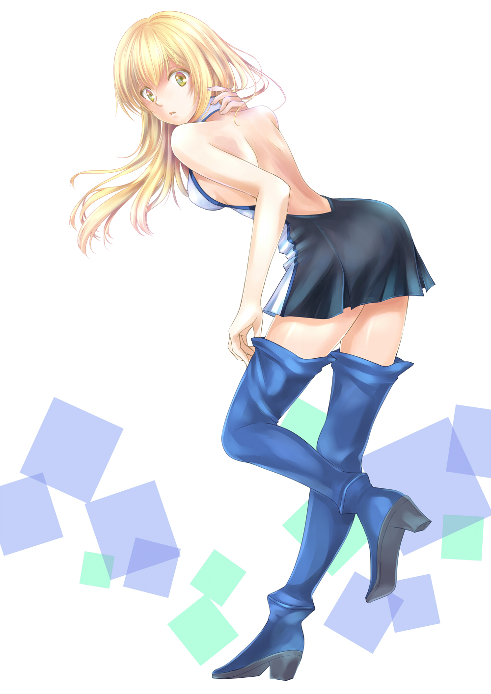 1girl aiz_wallenstein black_dress blonde_hair blue_footwear boots breasts brown_eyes dress dungeon_ni_deai_wo_motomeru_no_wa_machigatteiru_darou_ka eyebrows_visible_through_hair floating_hair full_body gikuta highres leaning_forward leg_up long_hair looking_at_viewer medium_breasts parted_lips shiny shiny_skin short_dress sideboob simple_background sleeveless sleeveless_dress solo standing standing_on_one_leg thigh-highs thigh_boots white_background zettai_ryouiki