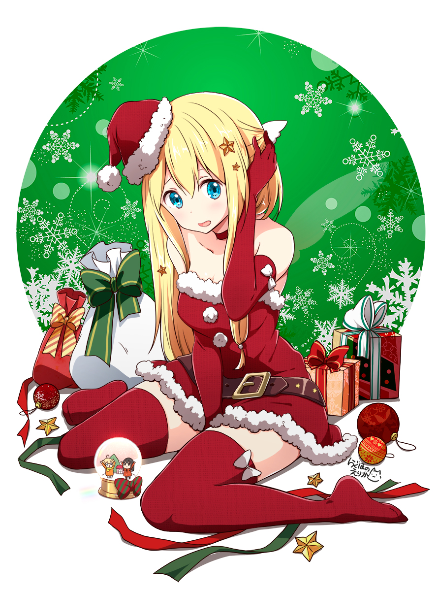 1girl :d amatsuka_poi arm_up bangs bare_shoulders blonde_hair blue_eyes blush box chijou_noko chikanoko choker christmas_ornaments collarbone commentary_request dress elbow_gloves fur-trimmed_dress fur-trimmed_hat gift gift_box gloves hair_between_eyes half_updo hat head_tilt highres long_hair no_bra open_mouth ragho_no_erika red_choker red_dress red_gloves red_hat red_legwear sack santa_costume santa_hat sitting smile snowflakes solo strapless strapless_dress thigh-highs uchino_chika very_long_hair wariza