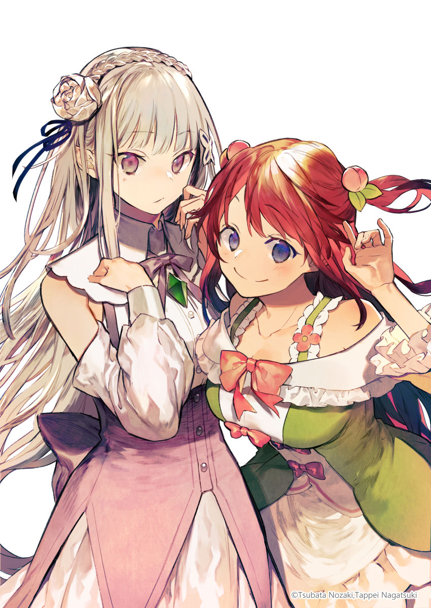 2girls bangs bare_shoulders black_ribbon blue_eyes blush bow bowtie braid breasts brooch buttons cleavage closed_mouth collarbone collared_dress commentary_request crown_braid detached_sleeves dress emilia_(re:zero) expressionless eyebrows_visible_through_hair flower food_themed_hair_ornament frilled_dress frills green_dress hair_flower hair_ornament hair_ribbon hand_up highres jewelry leaning_forward long_hair long_sleeves looking_at_viewer medium_breasts multiple_girls neck_ribbon nozaki_tsubata off-shoulder_dress off_shoulder peach_hair_ornament pointy_ears purple_neckwear re:zero_kara_hajimeru_isekai_seikatsu red_neckwear redhead ribbon rose sidelocks silver_hair simple_background smile standing swept_bangs theresia_van_astrea two_side_up very_long_hair violet_eyes watermark white_background white_flower white_rose