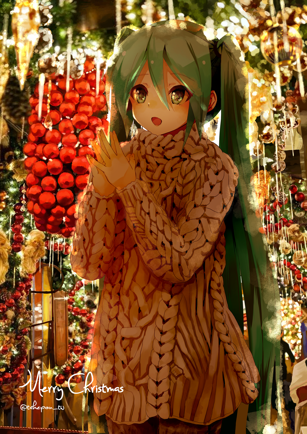 1girl :d aqua_eyes aqua_hair bangs beige_sweater christmas christmas_ornaments decorations hair_between_eyes hands_together hatsune_miku highres long_hair long_sleeves merry_christmas open_mouth smile solo sweater takepon1123 twintails twitter_username upper_body very_long_hair vocaloid